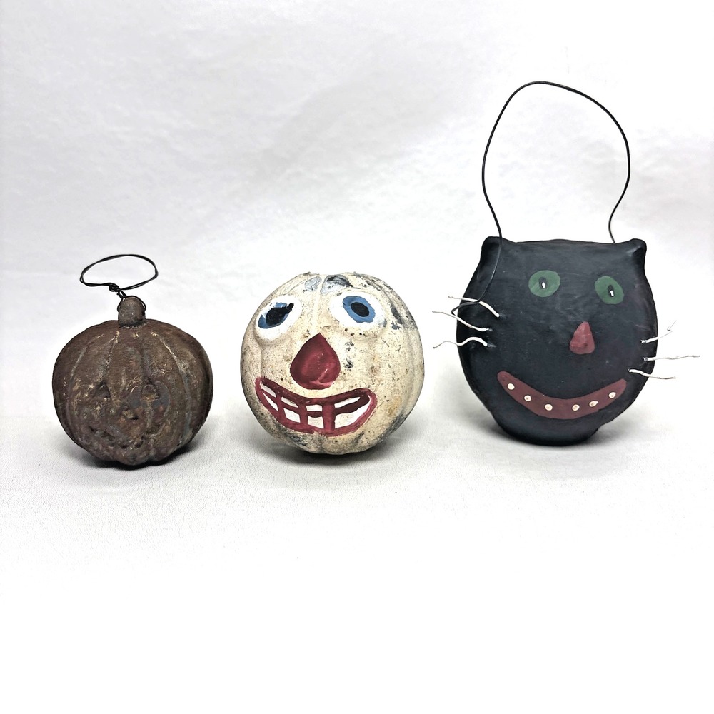 Lot of 3 Vtg Ceramic Halloween Pumpkin Ornaments Primitive Ceramic Paper Mache
